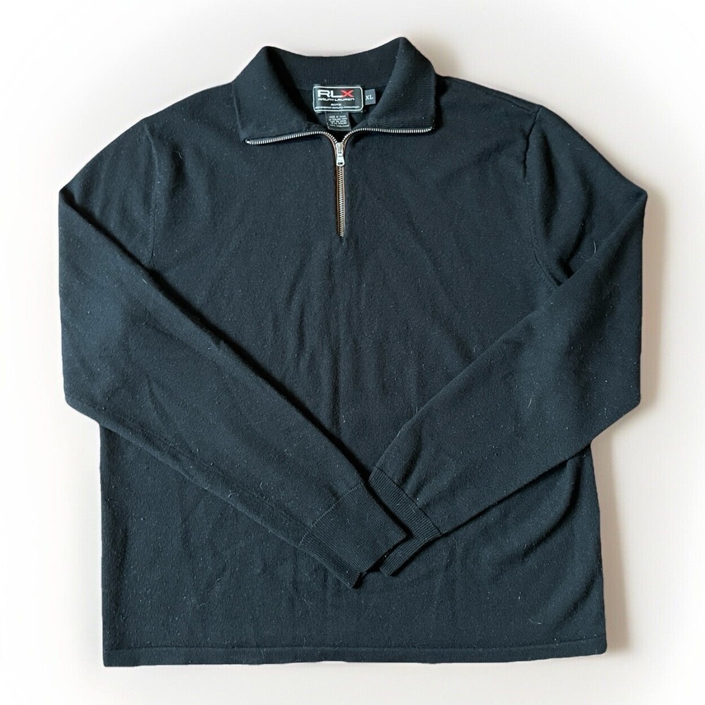 RLX Ralph Lauren Mens 1/4 Zip Pullover XL Black‎ Sweater Golf 100% Wool PGA